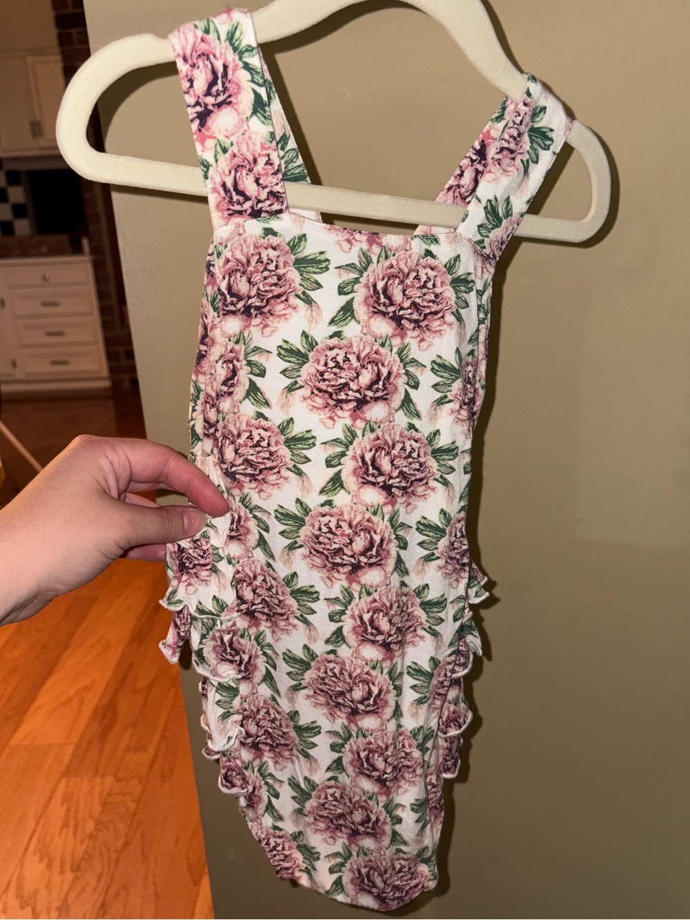 Kate Quinn Pink & Green Bamboo Floral Ruffle One-Piece 18-24 mo